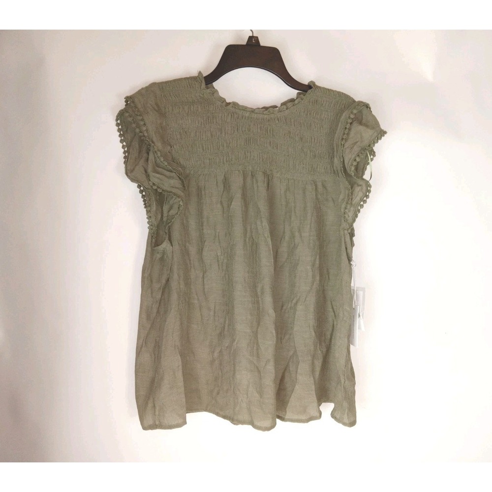 Fever Women's Deep Lichen Green Ruffle Neck Frutter Sleeve Blouse size XL